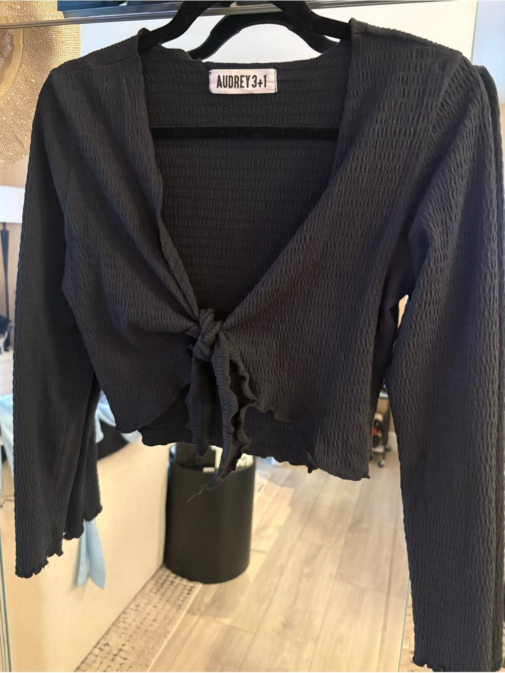 Audrey 3+1 Black Textured Tie-Front Cropped Top